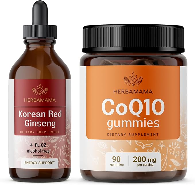 HERBAMAMA Korean Red Ginseng and CoQ10 Kit - Bundle of Panax Ginseng Tincture 4 Fl Oz & Coenzyme Q10 Gummies - Vegan, Non-GMO, Gelatin & Alcohol-Free - 2 Pack