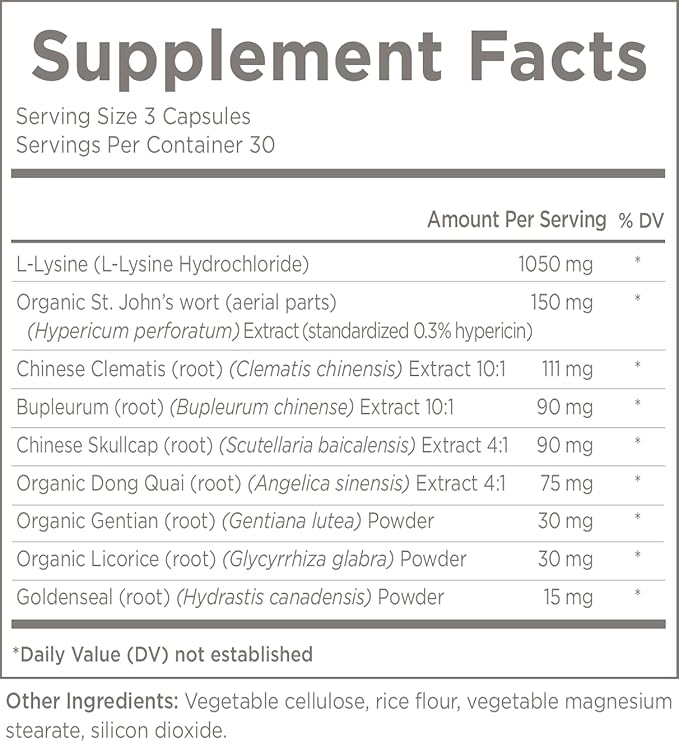 Natural Wellbeing Trilex Essentials for Cold Sores - with Lysine, St. John's Wort (Hypericin) for Smooth and Healthy Lips - Herbal Supplement 90 Veg caps