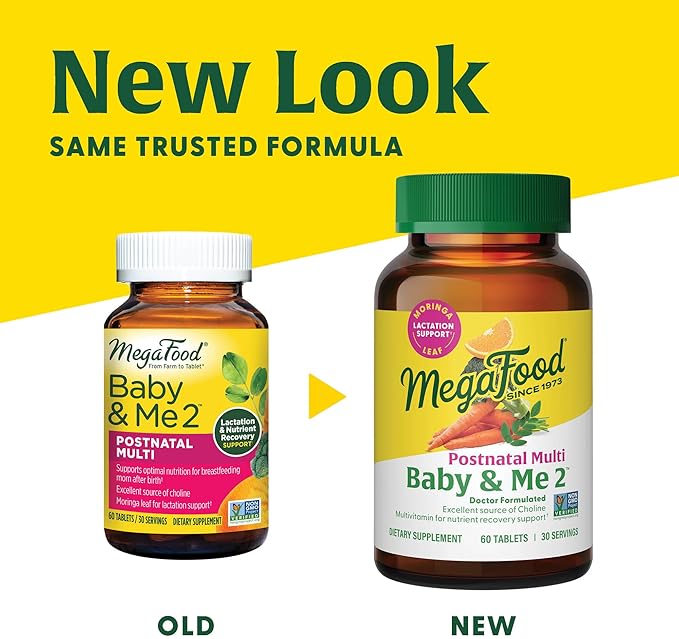 MegaFood Baby & Me 2 Postnatal Vitamins for Women Breastfeeding with Folate (Folic Acid Natural Form), Choline, Iodine, Vitamin D, Moringa Leaf and More - 120 Tabs (60 Servings)