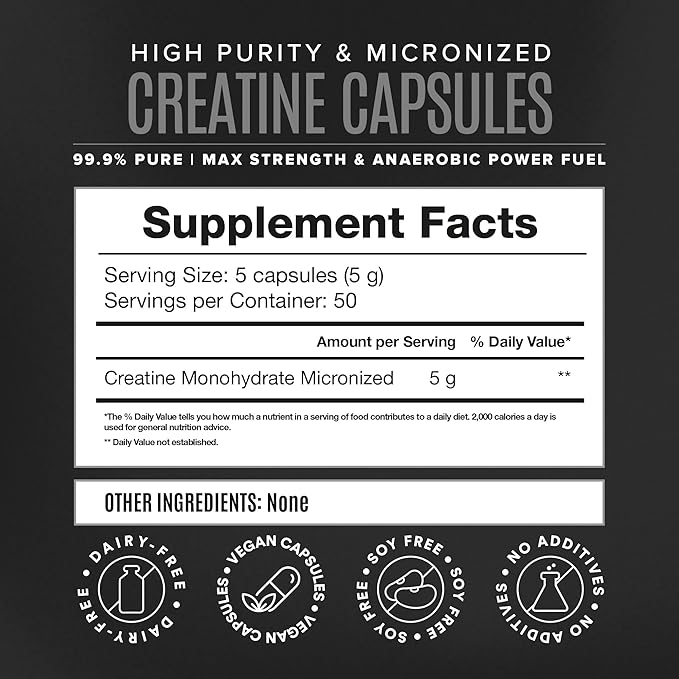 Micronized Creatine Monohydrate Capsules for Muscle Growth & Recovery, Pre & Post Workout, Vegan Creatine, Caffeine Free, Gluten Free, Sugar Free | 50 Servings | 250 Capsules