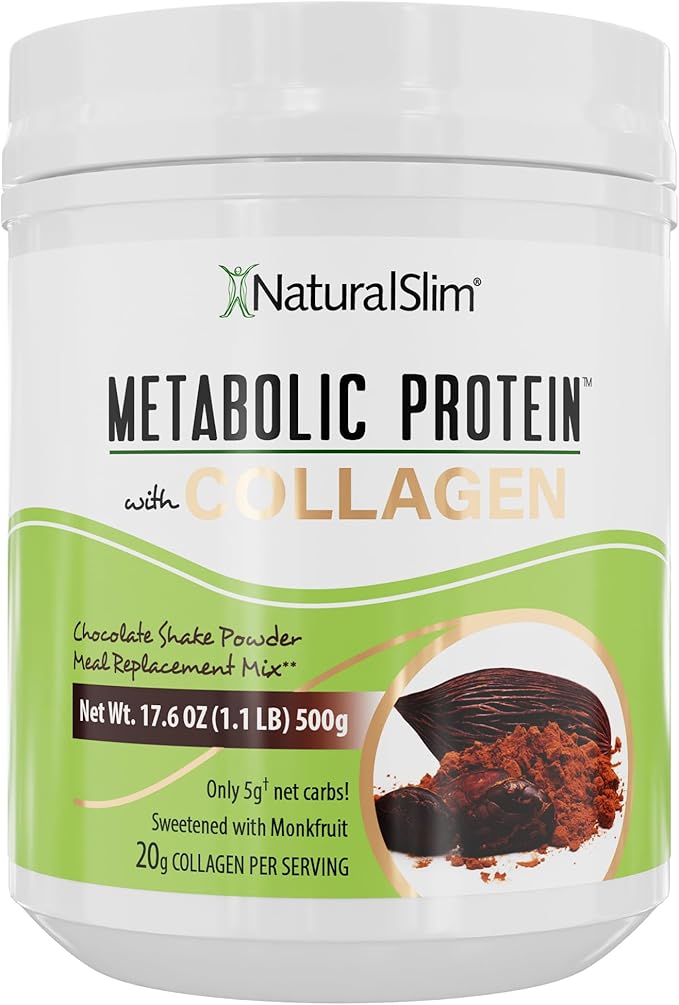 NaturalSlim Metabolic Protein Powder with Collagen Chocolate - Hydrolyzed Collagen Protein Powder for Hair, Skin, Bone, and Metabolism - Low Carb Meal Replacement Shake Mix - 17.6 oz