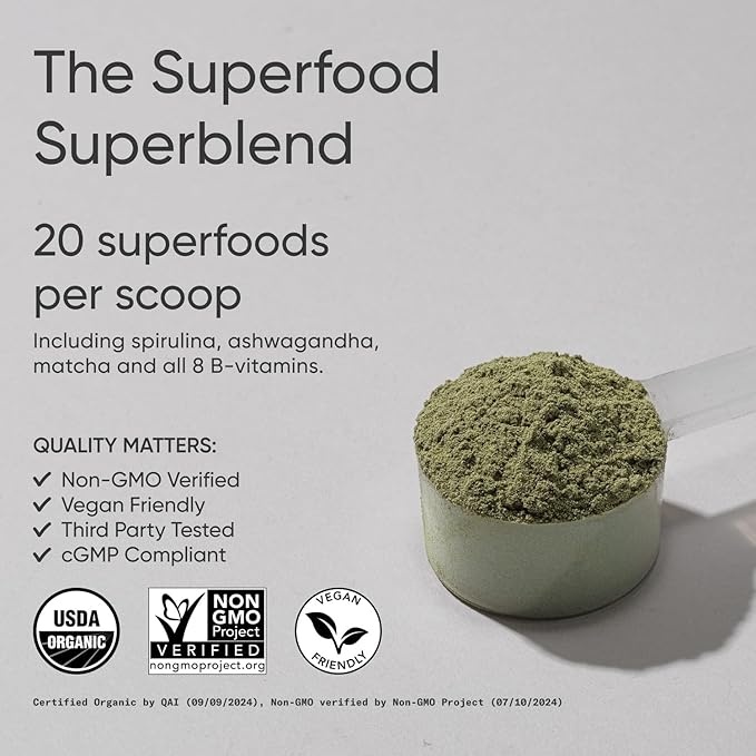 Sports Research® Organic Greens Superfood Powder w/Spirulina & Chlorella, Adaptogens, Enzymes, Probiotics & 8 VIT Bs for Gut & Mood Support* - Vegan, Sugar-Free & Low-Cal Original 30 Servings