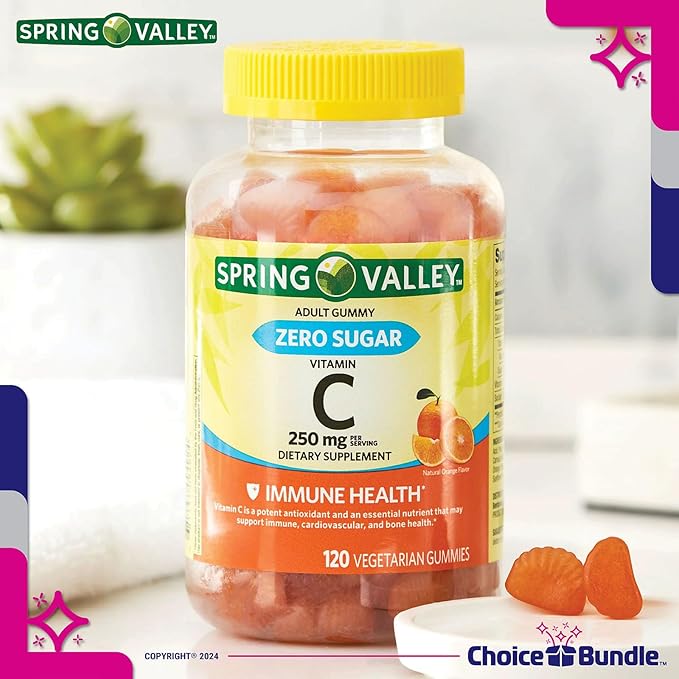 Spring Valley Zero Sugar Vitamin C Gummies Dietary Supplement 250 mg 120 Ct 3 pk (360 Total) + Vitamin Guide & Pill Container (5 Items)!