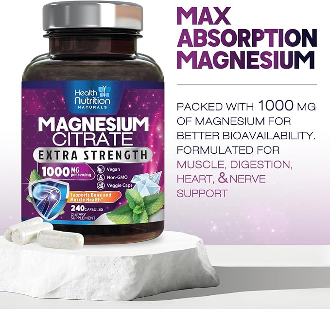 Magnesium Citrate Capsules 1000mg - Max Absorption Magnesium Powder for Muscle, Nerve, Bone and Heart Health Support, High Absorption Citrate Complex, Gluten Free, Non-GMO - 240 Capsules