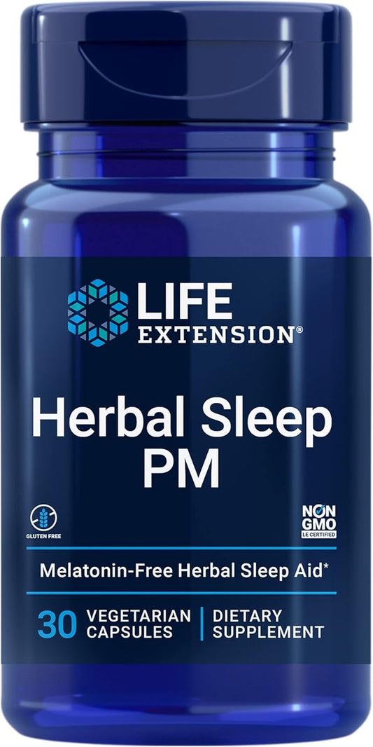 Life Extension Herbal Sleep PM, Lemon Balm, honokiol (Magnolia bark), Chamomile, Promotes Healthy Sleep, Hormone-Free, melatonin-Free, Gluten Free, Non-GMO, Vegetarian, 30 Capsules