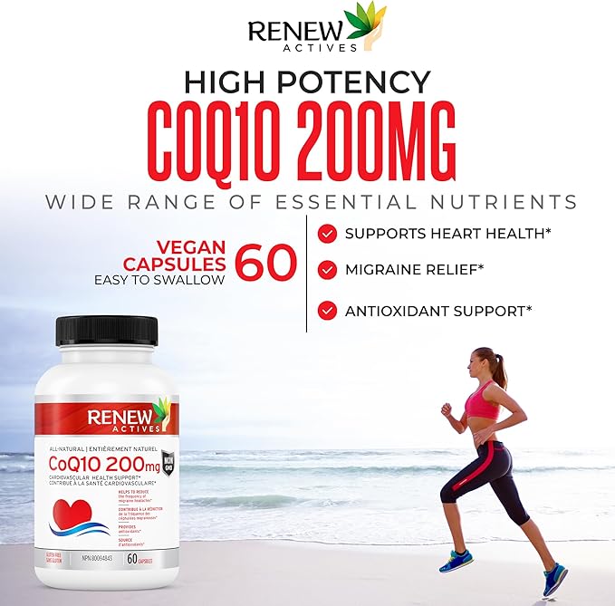 Renew Actives CoQ10 Ubiquinone Supplement 200MG per Serving – Supports Heart Health, Migraine Relief, Immune System Boost Antioxidant Support & Energy – High Potency, Made in Canada - 60 Capsules