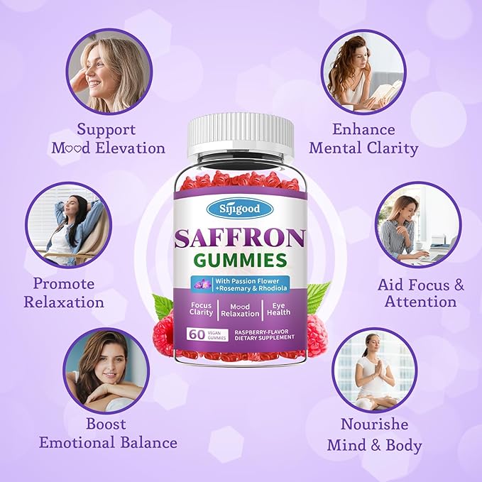 Saffron Gummies - Sugar Free Saffron Supplement for Men Women Mood Support Supplement with Saffron Extract, Passion Flower, Magnesium & Vitamins for Relaxation, Focus, Raspberry Flavor, 120 Count