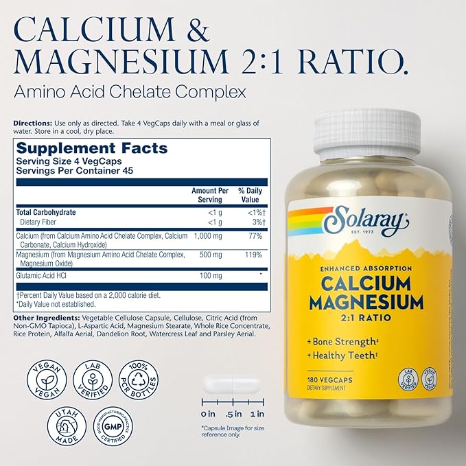 SOLARAY Calcium Magnesium Supplement, Magnesium & Calcium Supplements for Women and Men, 2:1 Ratio, Bone Health & Strength, Vegan, High Absorption, 60-Day Guarantee, 45 Servings, 180 VegCaps