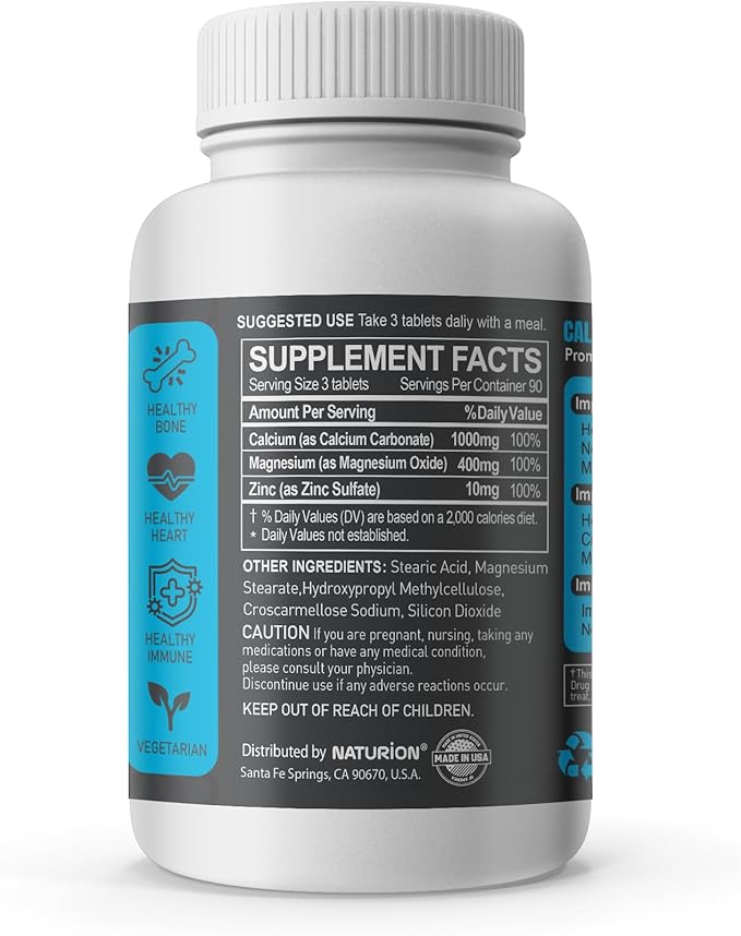 Calcium Magnesium Zinc Supplement - 3-in-1 Complex with 1000mg Calcium, 500mg Magnesium, 10mg Zinc - Bone, Muscle & Immune Support - 270 Tablets, 90 Day Supply