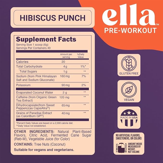 Naked Ella Pre Workout Powder, Hibiscus Punch Amino Energy with Vegan BCAA Amino Acids, Natural Caffeine, Preworkout Boost for Men & Women, 30 Servings