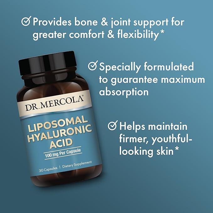Dr. Mercola Liposomal Hyaluronic Acid, 30 Servings (30 Capsules), 100 mg Per Capsule, Dietary Supplement, Promotes Skin Appearance, Non-GMO