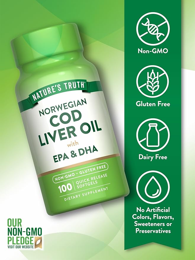 Nature's Truth Norwegian Cod Liver Oil | 100 Softgels | with EPA & DHA | Non-GMO, Gluten Free Supplement