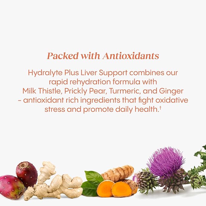 Hydralyte Liver Support + Electrolyte Mix with Milk Thistle, Turmeric, Ginger, Prickly Pear, Green Tea Extract Formulated for Rapid Rehydration, (Blood Orange Ginger, 40 Serve Tub)