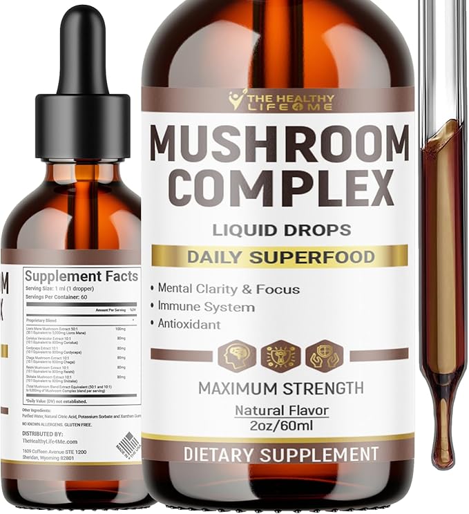 Liquid Mushroom Complex | Herbal Liquid Drops| Mushroom Supplement | Lion's Mane, Reishi, Shiitake, Chaga, Cordyceps, Coriolus Versicolor | NonGMO 2oz - 60 Day Supply