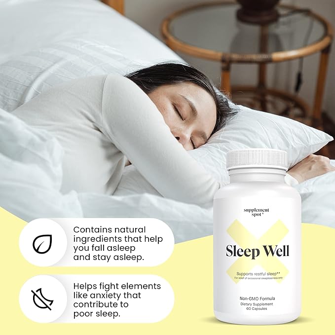 Sleep Well Natural Sleep Aid – Non-Habit Formula Supplement for Adults w/Magnesium, L-Theanine, GABA & Serotonin – Sleep Support Supplement for Adults (60 Capsules, 30 Servings)