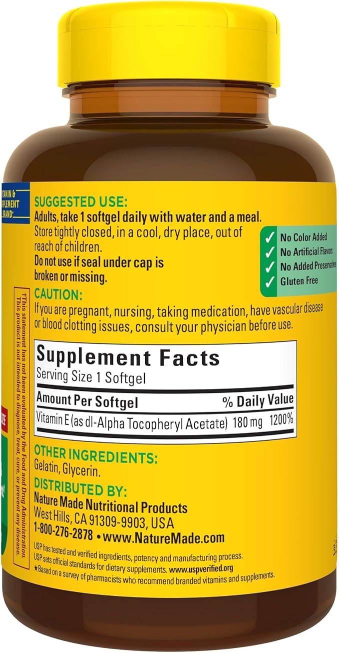 Nature Made Vitamin E 180 mg (400 IU) dl-Alpha, Dietary Supplement for Antioxidant Support, 300 Softgels, 300 Day Supply
