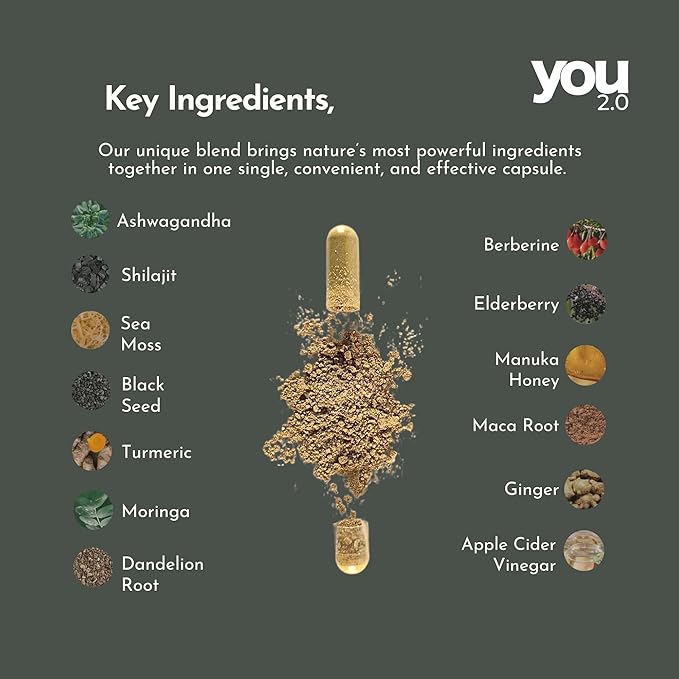 You2.0 Powerhouse Superfood with Seamoss, Shilajit, Ashwagandha, Berberine, Maca, Black Seed Oil, Turmeric, Vitamin C, D, B12, K2 - Moringa, Apple Cider, Made in USA for Overall Health & Immunity