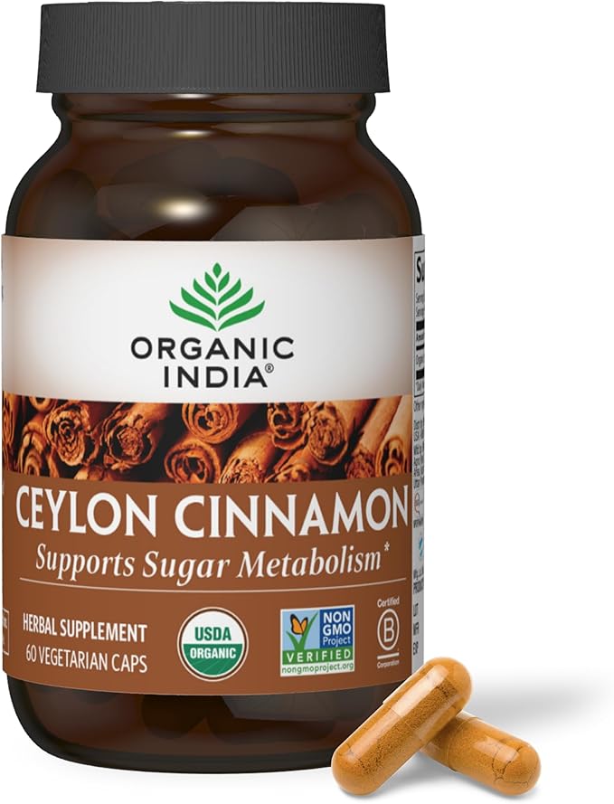 ORGANIC INDIA Ceylon Cinnamon Supplement - Organic Ceylon Cinnamon Capsules, Cinnamon Pills Herbal Supplement, Support Digestion, Source of Antioxidants, USDA Organic, Vegan, Gluten-Free - 60 Capsules