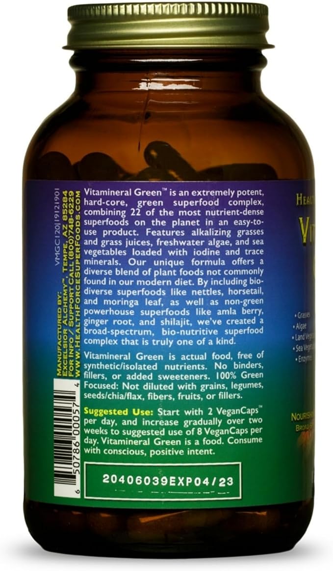 HealthForce SuperFoods Vitamineral Green - Mineral Supplement for Immune & Thyroid Support - Green Powder Supplement with Ingredients from The Land - Gluten-Free & Vegan - 120 Capsules
