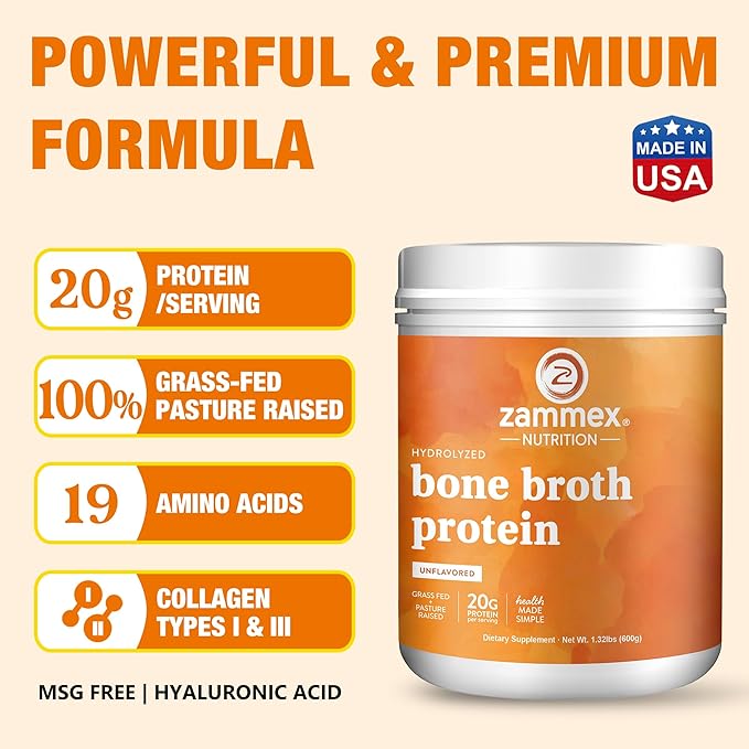 Zammex Pure Grass Fed Beef Bone Broth Protein Powder,20g Protein, Hydrolyzed Collagen Supplement for Healthy Skin,Nails,Hair,Joints, Non-GMO,Gluten Free,Paleo & Keto Friendly, Great in Soup