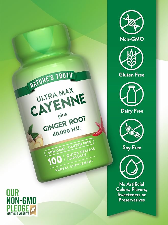 Nature's Truth Cayenne Pepper Capsules | 40,000 HU | 100 Count | with Ginger Root | Non-GMO & Gluten Free Supplement