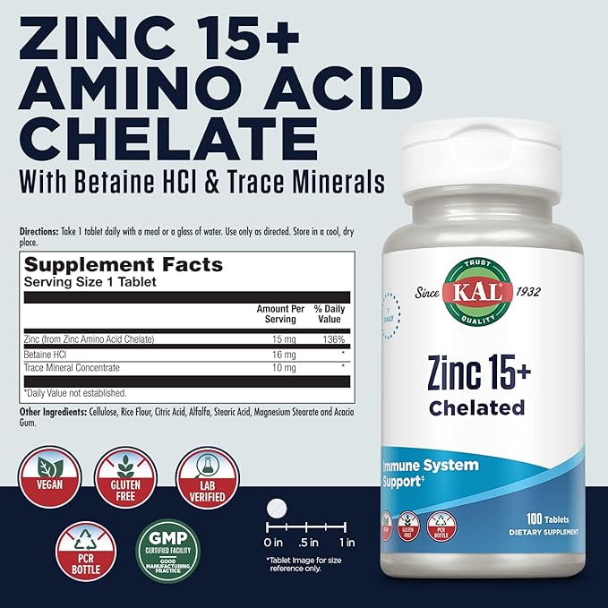 KAL Zinc 15+ with Betaine HCl & Trace Minerals, Healthy Metabolism & Immune System Function Support, Chelated for Absorption, Vegetarian, 100 Tablets