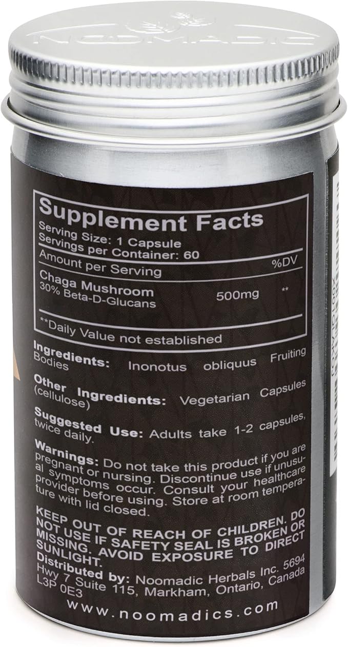 Chaga Mushroom, 60 Capsules, 500mg Each, Antioxidant & Immune Support, Hot Water Extract, Fruiting Bodies, 30% Beta-D-Glucans
