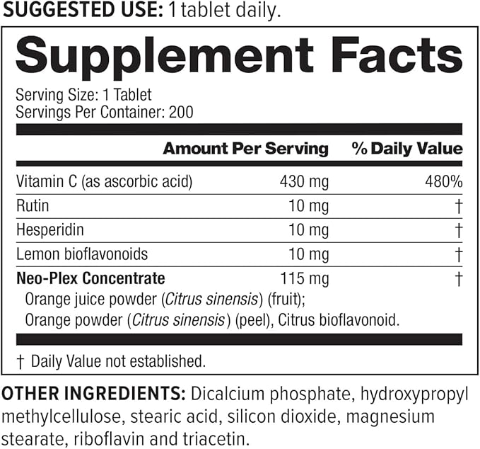NeoLife Super C - Plant Based Extracts, 430mg Vitamin C Supplement with Rutin, Hesperidin, Lemon Bioflavonoids, Tablet Supplements, Orange Juice Powder & Acerola Cherries - 200 Tablets