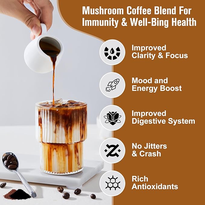 250g Mushroom Coffee - Lions Mane Mushroom Powder Instant Coffee with Lion's Mane, Reishi, Chaga, Cordyceps, Turkey Tail, Arabica - Mushroom Coffee Blend Support Gut, Focus, Brain Health