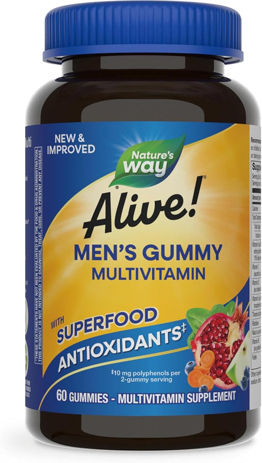 Nature's Way Alive! Men's Gummy Multivitamin, Supports Energy Metabolism*, Muscle Function*, Superfood Antioxidants(1), B-Vitamins, Vegetarian, Fruit Flavored, 60 Gummies (Packaging May Vary)