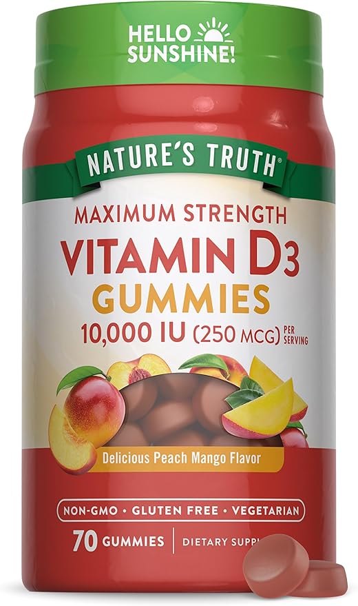 Nature's Truth Vitamin D3 Gummies | 10000 IU | 70 Count | Peach Mango Flavor | Vegetarian, Non-GMO & Gluten Free Supplement