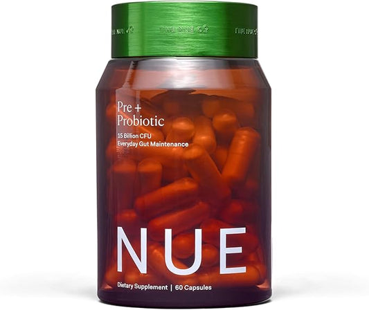 The Nue Co. PREBIOTIC + PROBIOTIC Supplement, Supports Gut Health, Synbiotic and Spore Based, IBS Relief, Immunity, and Skin, Vegan, Gluten Free, 60 Capsules