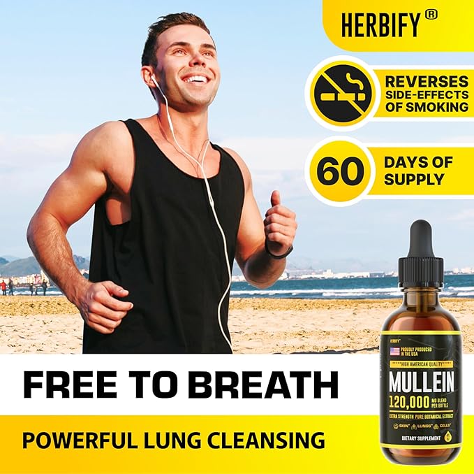 HERBIFY Mullein Drops - Lung Cleanse - Leaf Extract - Powerful Mullein for Immune Support,Detox & Respiratory Support - Made in USA - Herbal Supplements - 4 Oz