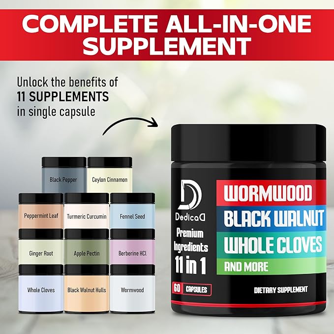 Wormwood Capsules Supplement - Extracted from Black Walnut, Cloves, Turmeric, Apple, Berberine HCl & More - 11 Ingredients combined for Immune System, Body Management & Digestion Health - 60 Capsules
