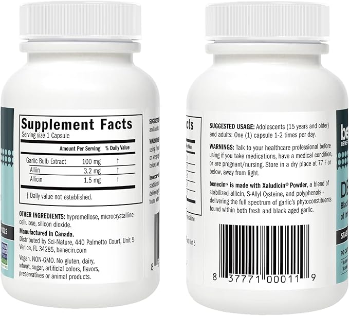 Benecin Defense 1500 mcg Stabilized Allicin per Capsule | Plus high Amounts of SAC & Polyphenols from Black Garlic | Powerful Support of Immune & Heart Function Vegetarian Caps (1 Count (Pack of 180))