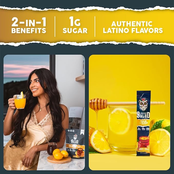 Salud 2-in-1 Sleep Aid + Calm Drink Mix, Lemon Honey Flavor, Melatonin, Magnesium, Saffron Extract, L-Theanine, Non-GMO, Gluten Free, Vegan, Low Calorie, 1g of Sugar (15 Servings)