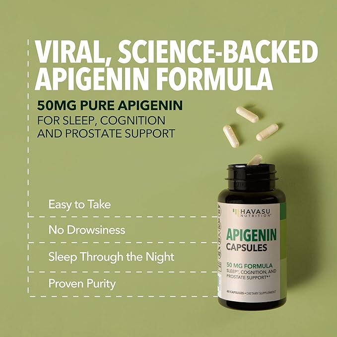 Apigenin Capsules 50mg - 120 Count Vegan, Non-GMO, Sleep & Cognitive Support Supplement - Chamomile Flavonoid for Relaxation, Prostate Health, Melatonin-Free, Liposomal Formula for Enhanced Absorption