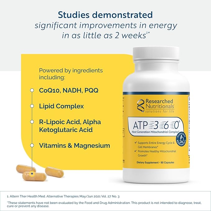 Researched Nutritionals ATP 360 Mitochondrial Supplements - ATP Supplements with Coq 10 & Vitamins for Energy Support - Help Repair Mitochondrial Membranes (90 Capsules)