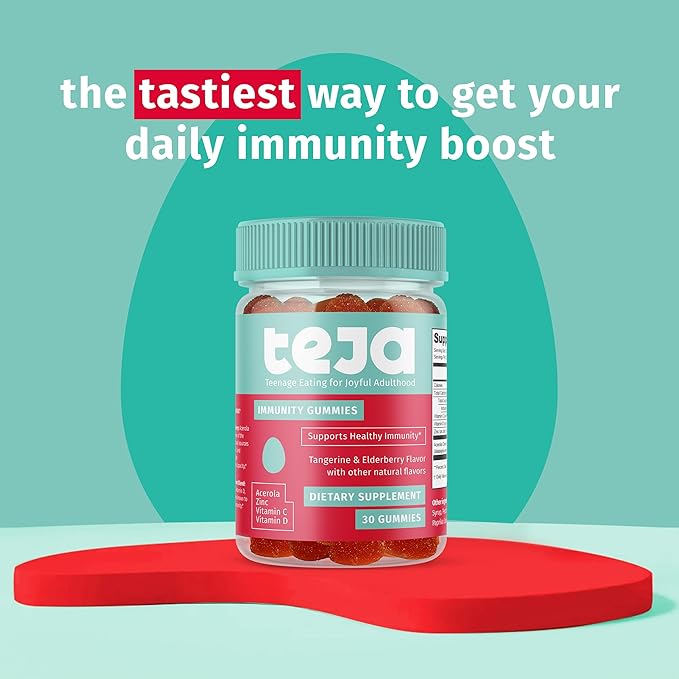 TEJA Immune Support Gummies for Teens with Vitamin D, VIT C, Zinc, and Acerola. Low Sugar Supplement, Daily Immunity Multivitamin for Age 12-17 Teenagers to Adults. 30 Gummies