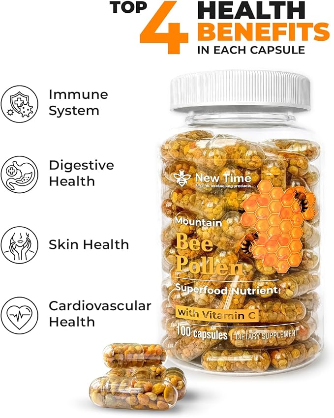 Bee Pollen Capsules – Organic Supplement for Energy, Vitality, Wellness, Rich in Vitamins, Immune Support & Nutrient Boost, Premium for Men & Women, 100% Pure & Natural for Breast Growth