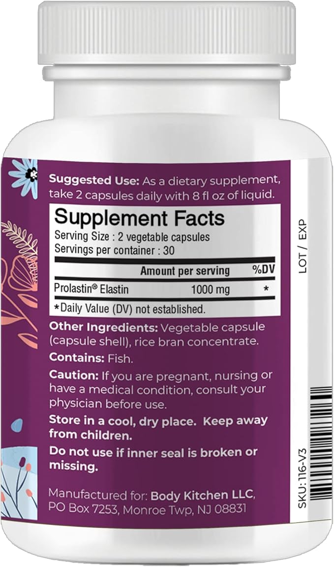 Body Kitchen Pro-Elastin, 1000 mg Elastin Supplement, Help Reduce Signs of Aging, Improved Skin Health, Firmness & Elasticity, Fewer Wrinkles, Veggie Caps, (Pack of 2)