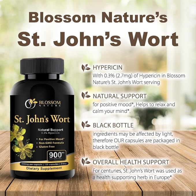 St Johns Wort 900mg-Mood Support Supplement*-Calm Supplements*-120 Vegetable St Johns Wort Capsules(2 Month Supply),450mg of Vegan, Non-GMO St. John's Wort (Hypericum Perforatum),0.3%Hypericin per Cap