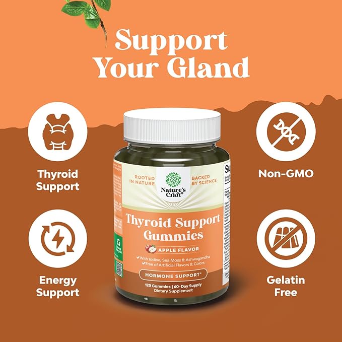Natures Craft Vegan Thyroid Gummies with Sea Moss - Thyroid Support Gummies for Comprehensive Support for Men and Women with Iodine Selenium and Other Potent Vitamins - Gelatin-Free Non-GMO 120