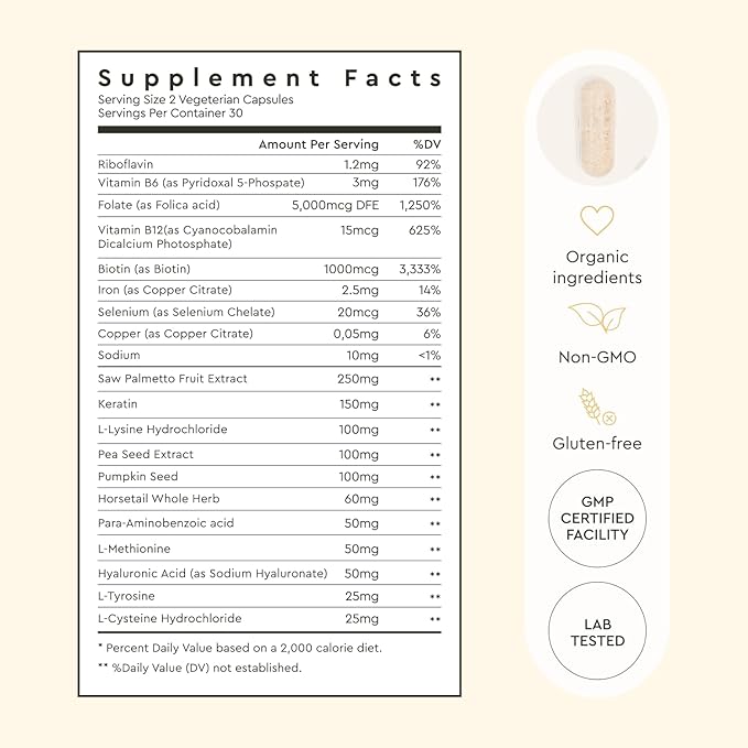 Alaya Hair Essentials - Hair Supplement with Biotin, Keratin, Folic Acid, Vitamin B12, B6 - Lab Tested - Gluten Free - 30 Day Supply