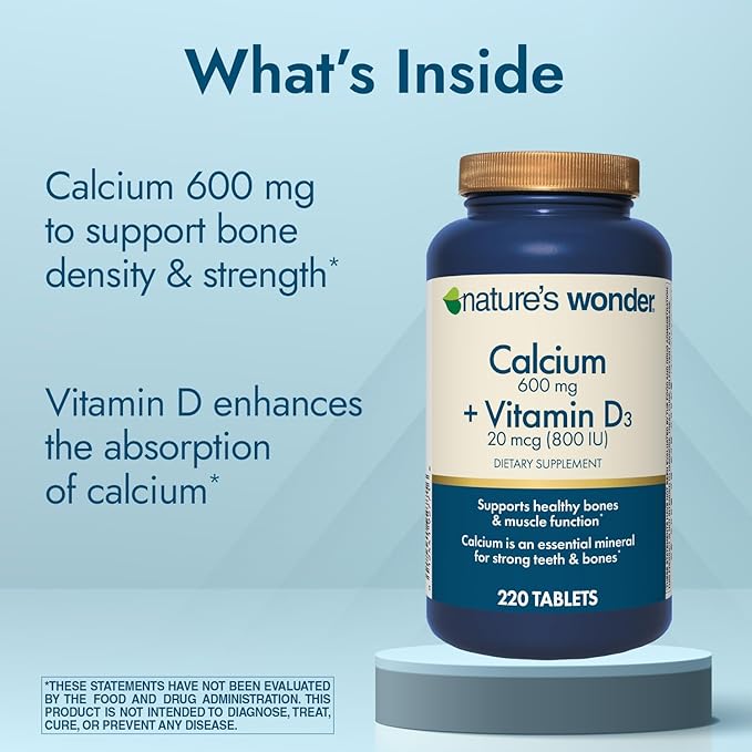 Nature's Wonder Calcium 600 mg with Vitamin D3 20 mcg for Bone Health, 220 Tablets
