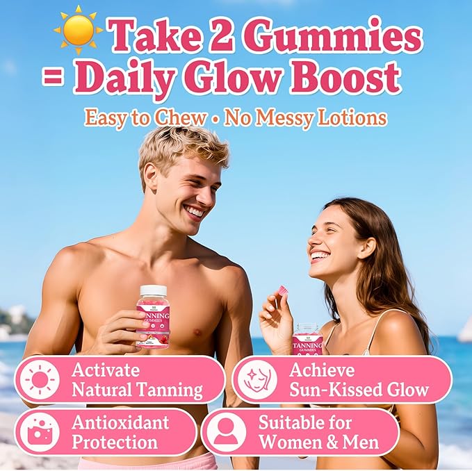 2 Pack Tanning Gummies for Women and Men, Daily Tanning Gummies with L-Tyrosine, Astaxanthin That Work Fast Without Sun for Skin Health & Glow, Sugar Free, Non-GMO, Strawberry Flavor, 120 Gummies