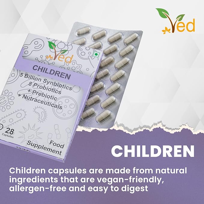 Ved Children Complex Probiotics and Prebiotics Complex - 5 Billion CFU - 20 Live Bacterial Cultures - 28 Probiotic Complex Capsules for Children - Lactobacillus helveticus, Silicon Dioxide