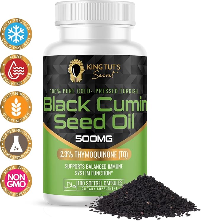 KING TUT'S SECRET Black Seed Capsules - 500 mg 100 Softgels - Nigella Sativa Extract, Black Cumin Supplement for Hair, Antioxidant Support, Immune System - Halal Black Seed Cumin Oil Capsules