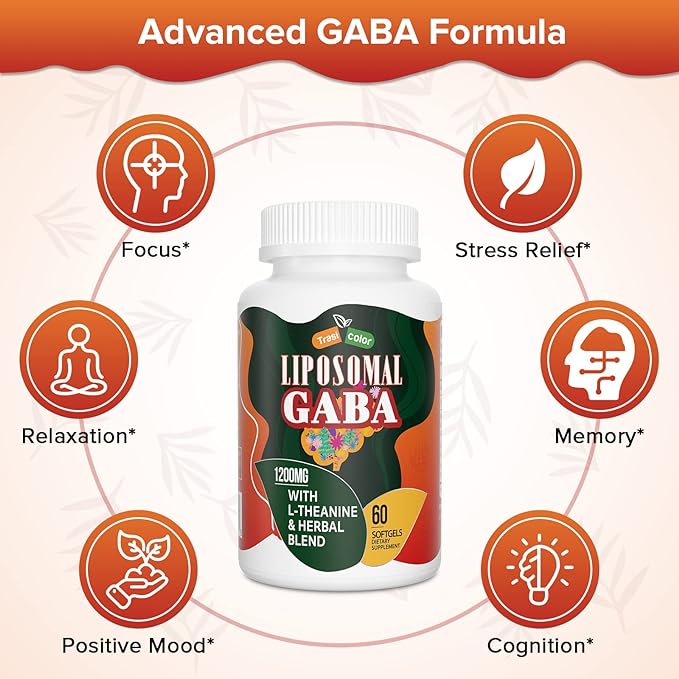Liposomal GABA with L-Theanine Supplements 1200mg - High Absorption GABA Complex with Ashwagandha, Chamomile, Tart Cherry Herbal Supplements for Men and Women, 120 Softgels