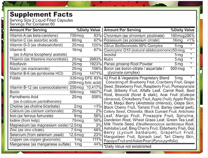 120 Multivitamin Fruit and Vegetable Liquid Capsules, Loaded Multivitamins, Supplements, Multiple Vitamin has Many Antioxidants, Daily Women Men Senior Adult Multi Vitamins